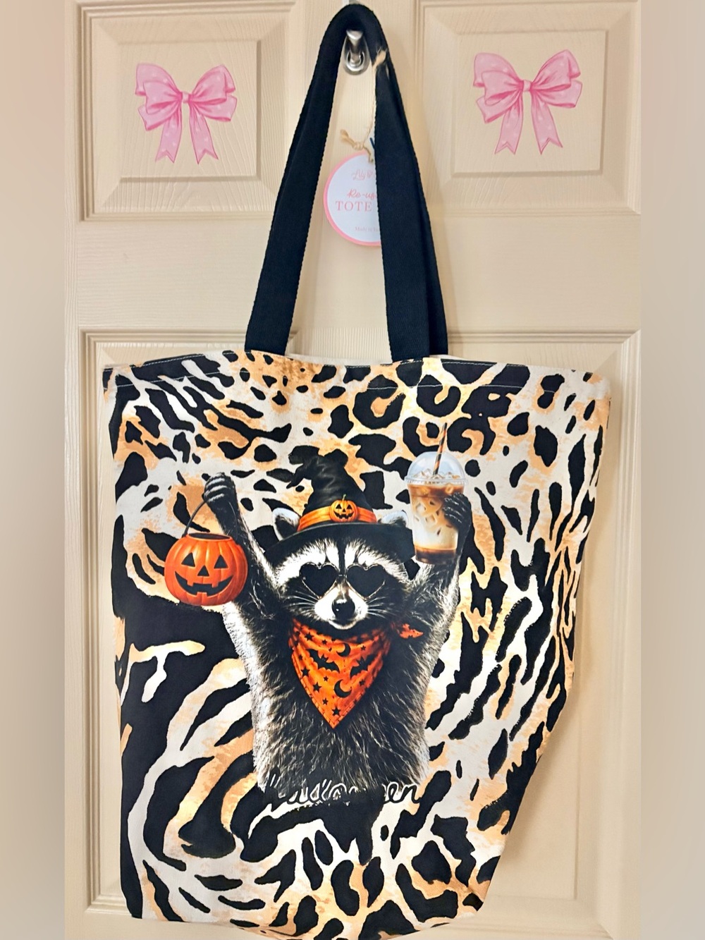 Canvas Custom Reusable Tote Bag Halloween Raccoon Coffee Cheetah 20x18” New